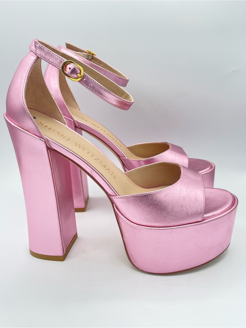 STUART WEITZMAN Skyhigh 145 Metallic Pink Platform Sandals Size 9